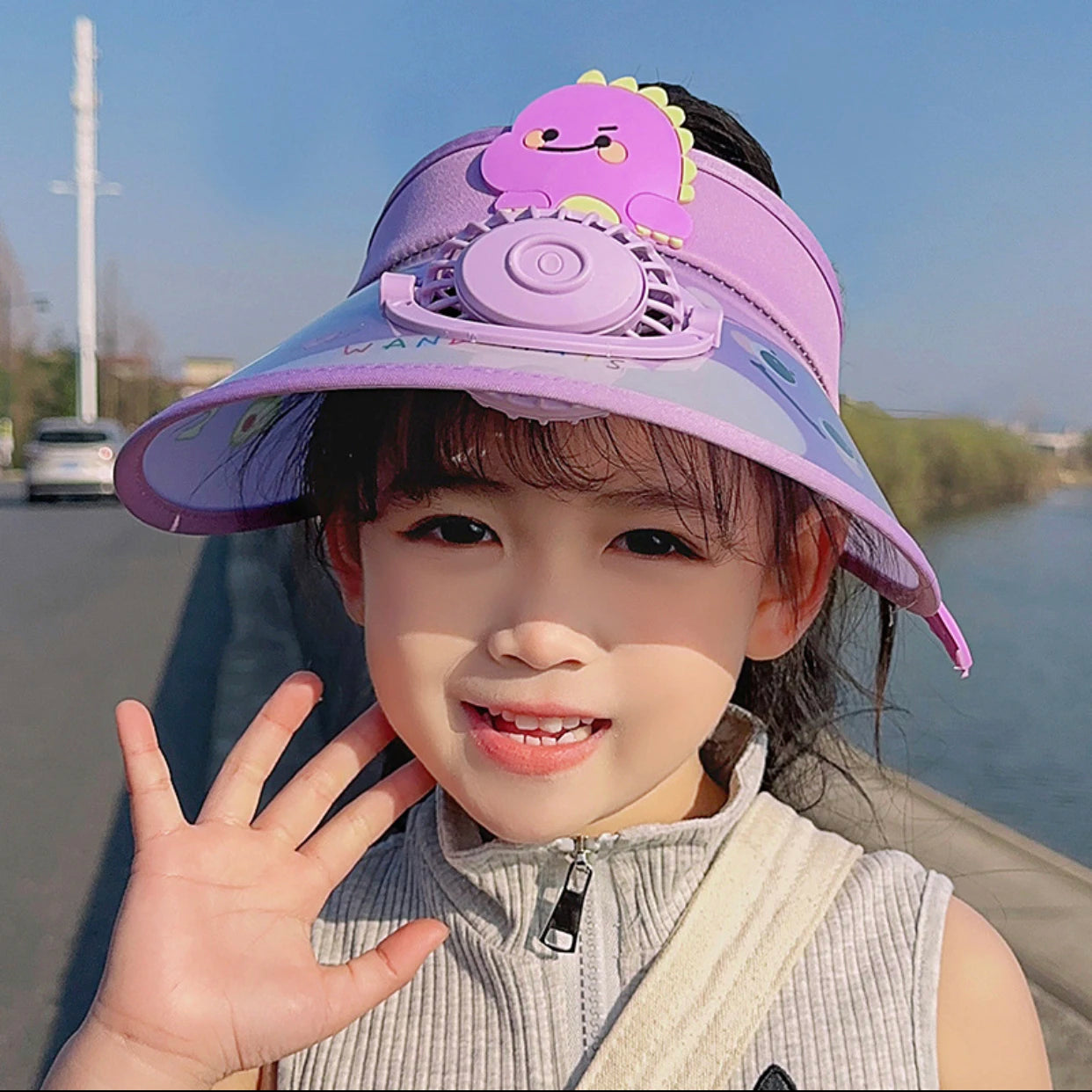 Children's Summer Sun Hat with Fan Sun Protection Hat Cartoon Outdoor Sun Protection Hollow brim Open Top Sun Protection Hat