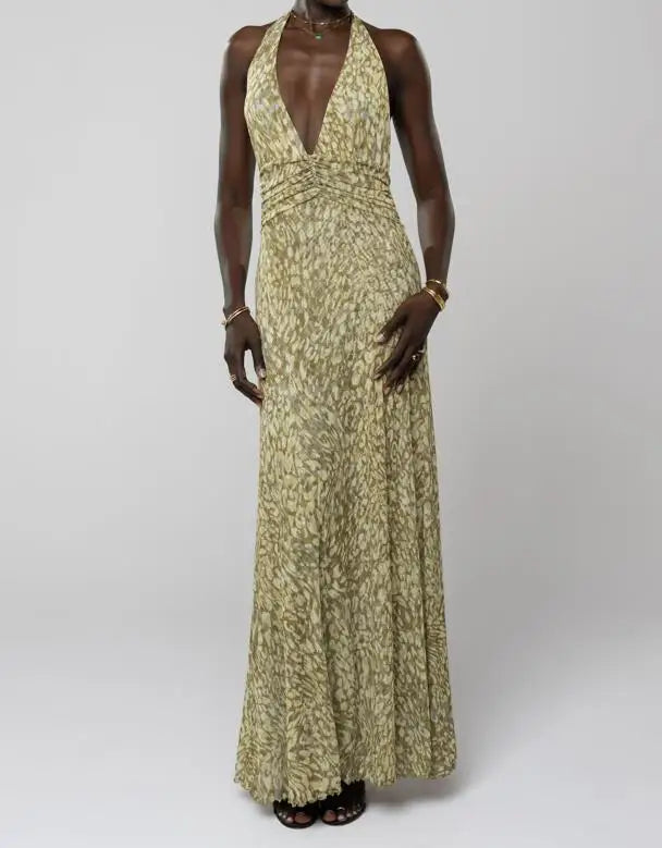 GuliriFei Women Long Dress, Sleeveless Halter Dress Backless Flower/Dots Print Summer Cocktail Dress