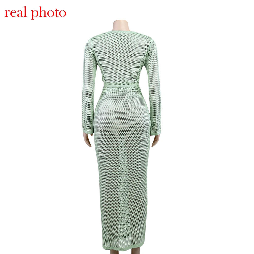 Cryptographic Hollow Out Knitted Top and Skirt Sets Outfits Women Elegant Summer Wrap Over Split 2 Piece Set Holiday Beachwear