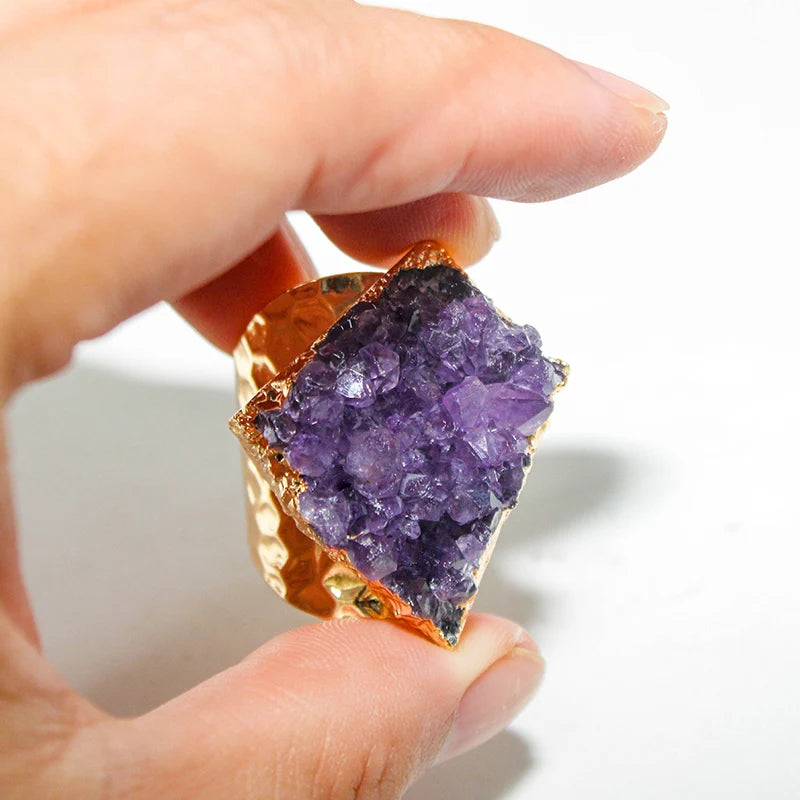 Irregular Rough Amethyst Stone Ring for Women Purple Crystal Cluster Gemstones Jewelry Open Finger Jewelry