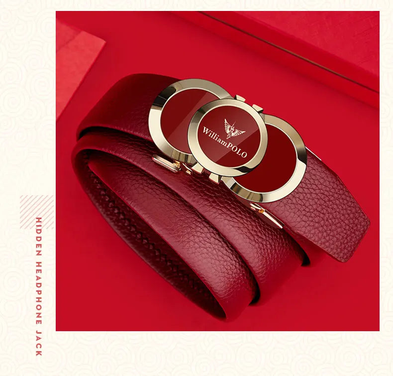 Genuine leather Chinese style men's belt, red belt, automatic buckle, personalized belt
