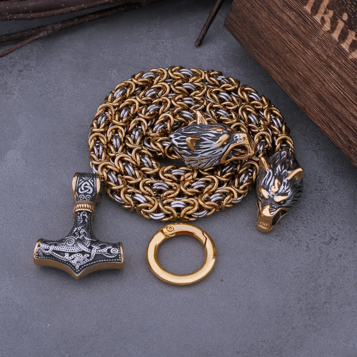 Stainless Steel Wolf Head Viking Amulet Thor Hammer Pendant Necklace Pirate King Chain Men's Necklace Pendant