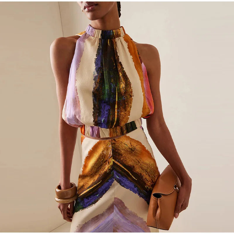 Painterly Print Satin Co-ord Set Sleeveless High Neck Crop Top Slim Fit Maxi Skirt Women's Elegant Chic Party Evening Outfit