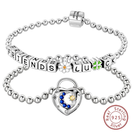 Original 17-20CM 925 Sterling Silver Heart Shaped Lock Star Moon Bracelet For Women Fine Anniversary Jewelry