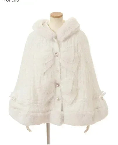 Japanese Sweet Soft Thick Women's Double-Layer Big Ribbon Hooded Knitted Cloak 3 Colors Autumn and Winter Ponchos Warm Jacket