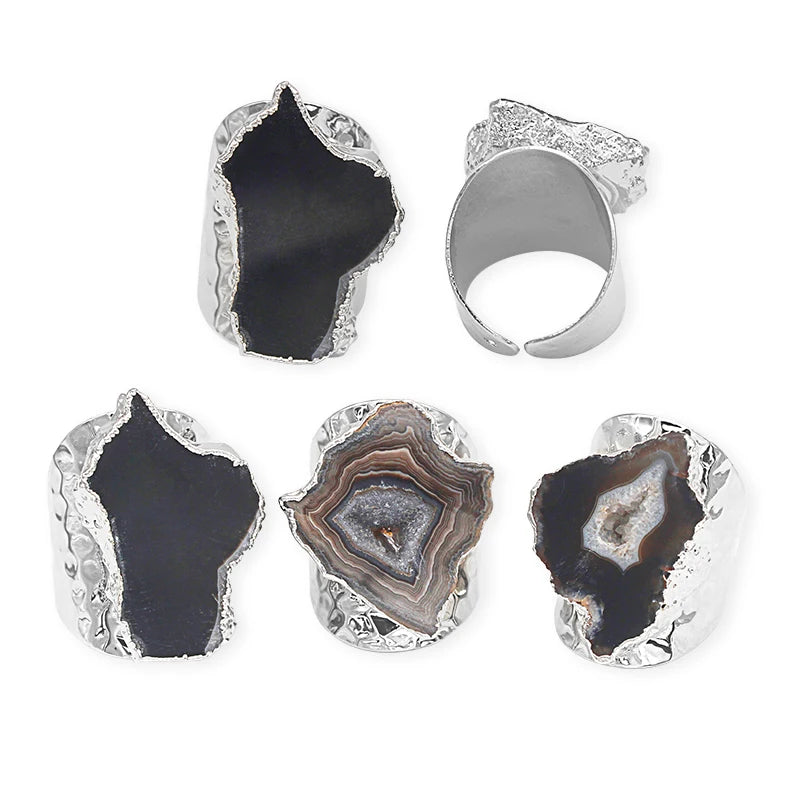 Irregular Geode Stone Agate Slices Open Ring for Women Girls  Silver Color Boho Resizable Finger Jewelry