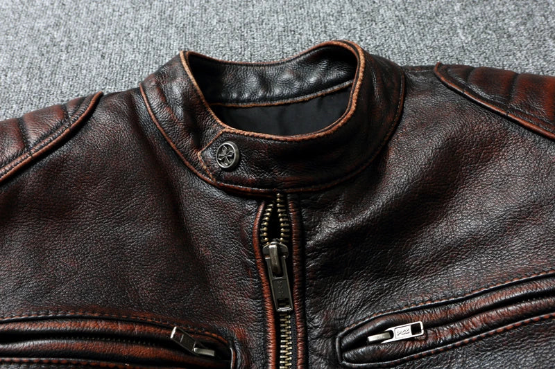 Vintage Red Brown Men Leather Jacket 100% Cowhide Jackets Slim Fit Soft Skin Coat Autumn Jaqueta Masculina De Couro