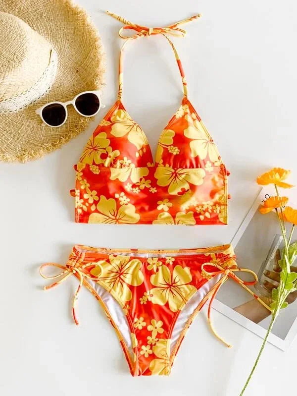 Sexy Yellow Floral Print Bikinis Set Women Halter Push Up Crop Top Swimsuit 2025 Beach Bathing Suit Lace Up High Waist Swimwear