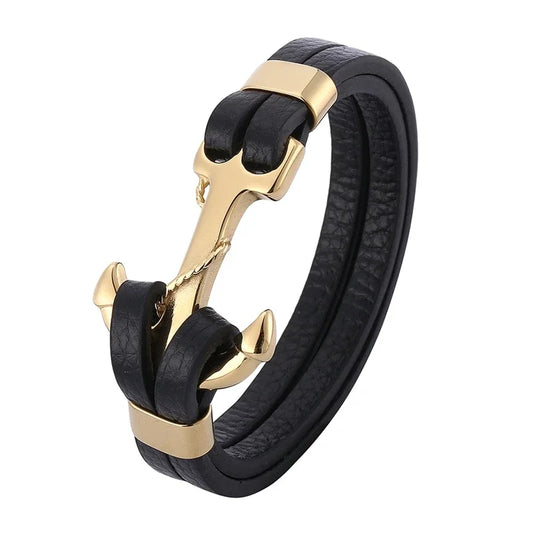 Trendy Man Jewelry Accessories Black Leather Bangles Stainless Steel Anchor Charm Bracelet Men Handmade Leather Wristband SP0757