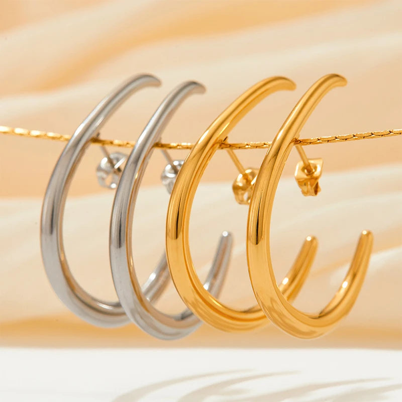 New Geometric C Shaped Statement Earring Stainless Steel Gold Plated Stud Earrings for Women Tarnish Free Fashion Jewelry Gift