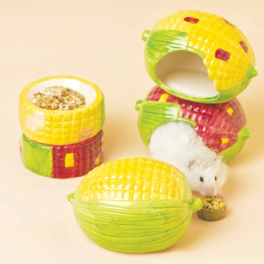 Corn-Shaped Ceramic Hamster Hideout Food Water Bottle Holder for Hamsters Gerbils Small Pets for Summer Cooling Cage Decoration