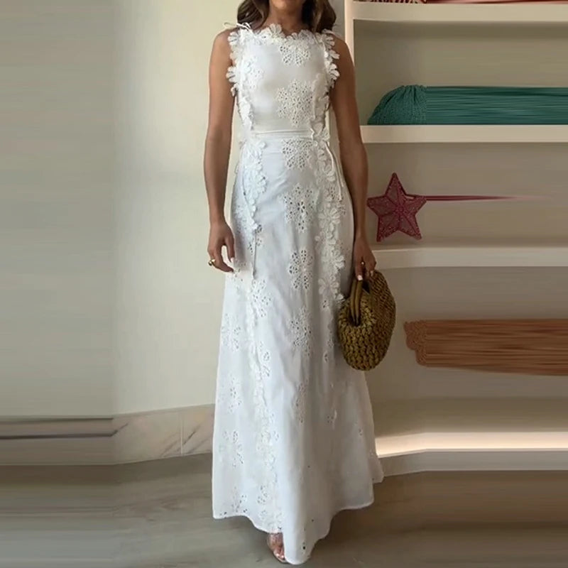 Elegant Hollow Out Floral Bandage Party Dress New Solid Color Lace Embroidery Evening Dress Trendy Sleeveless Women White Dress