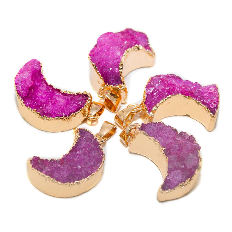 Natural Druzy Quartz Stone Moon Shape Pendant Jewelry Raw Crystal Cluster Jewelry For Women Girls Necklace Making