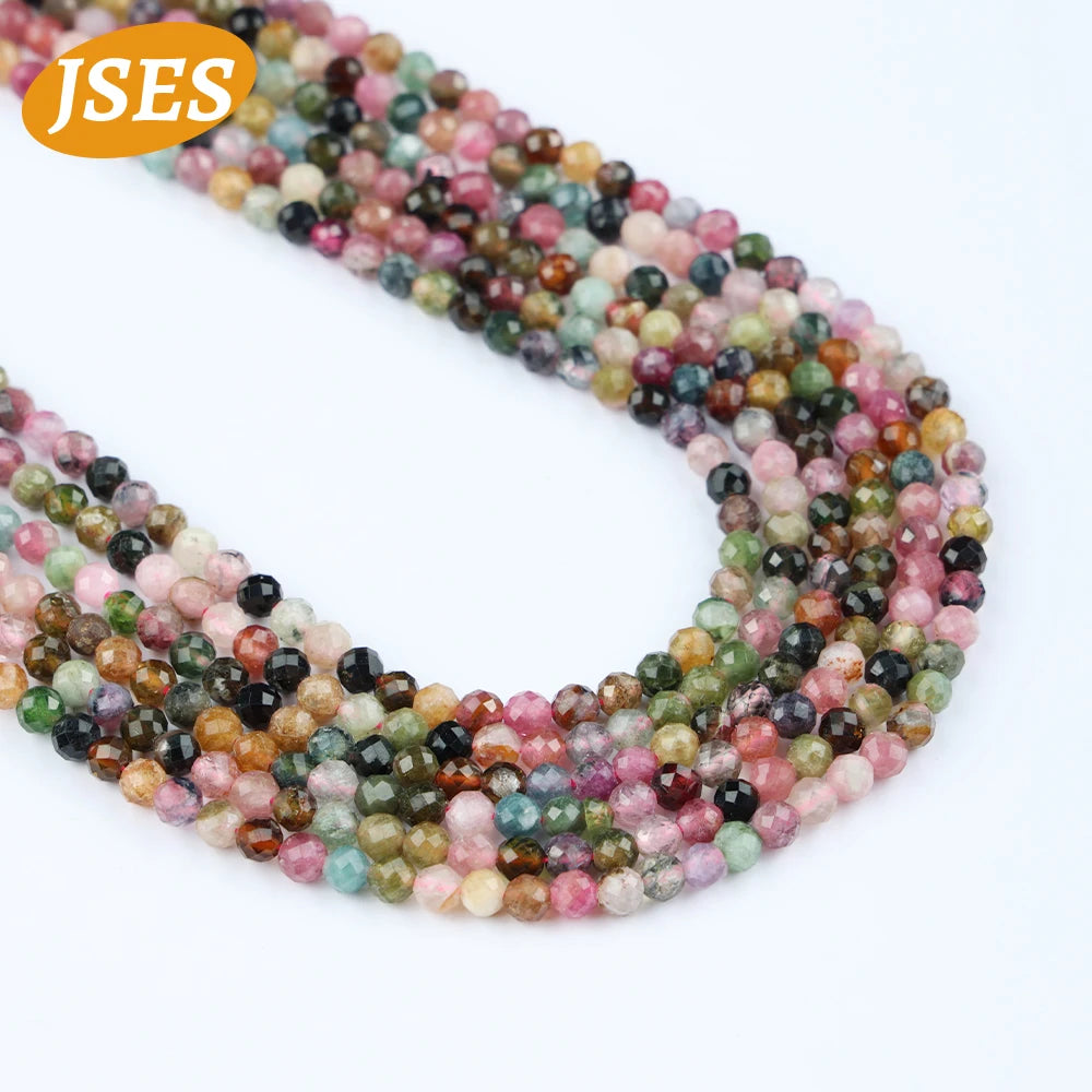 Natural Colorful Tourmaline Faceted Beads Round Loose Spacer Beads for Jewelry Making 3/3.5mm Bracelet DIY Accessories Charms