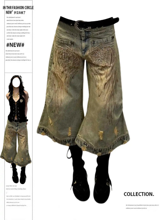 Summer Women Goblin Core Tomboy Y2K Embroidery Jorts 2000s Denim Shorts Japanese Harajuku Jean Pants Grunge Cyber Punk Hip-pop
