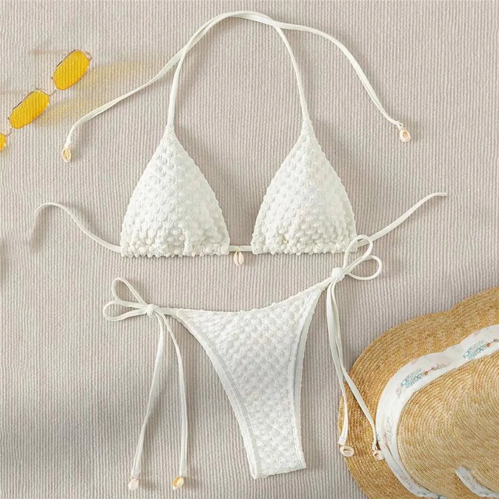 White String Micro Bikini Thong Sexy Swimsuit Women 2025 Shell Decorate Swimwear Bathing Suit Halter Triangle Bikinis Sets Mujer