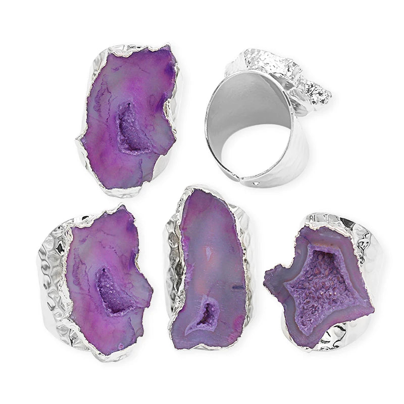 Irregular Geode Stone Agate Slices Open Ring for Women Girls  Silver Color Boho Resizable Finger Jewelry