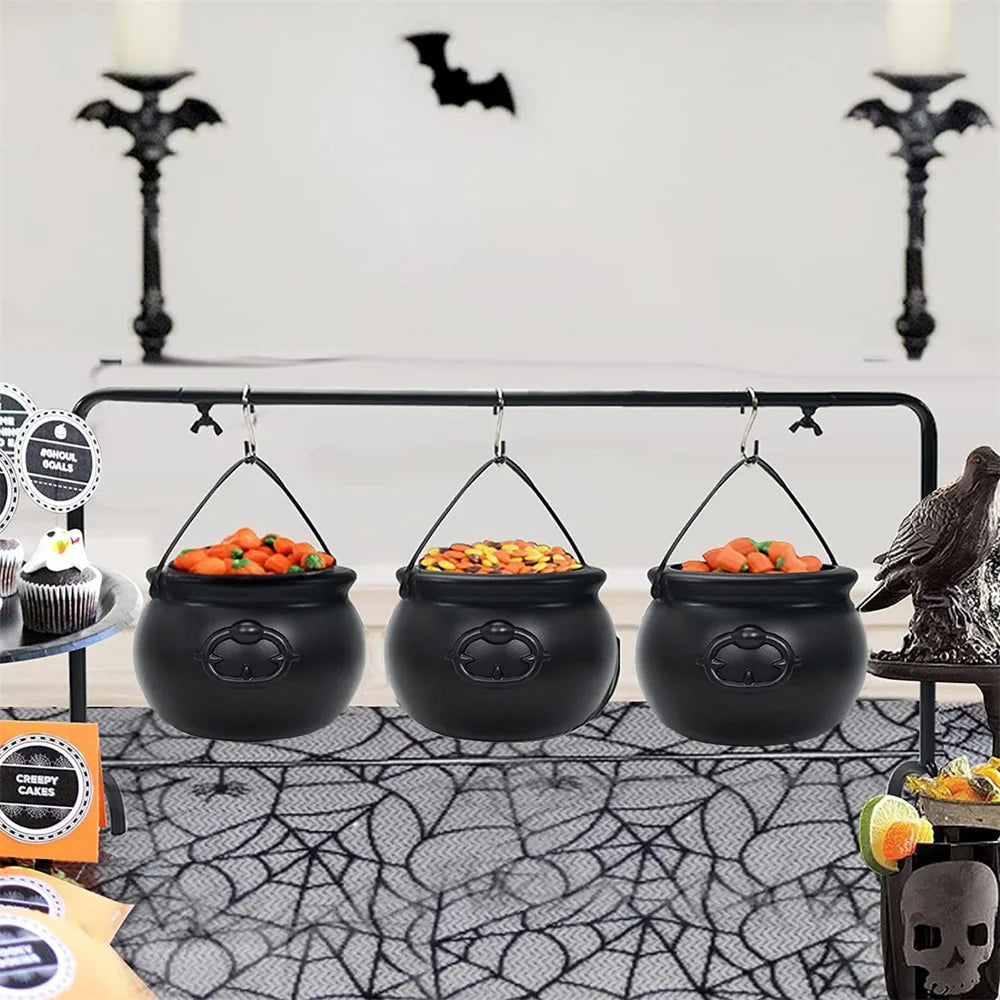Halloween Candy Bucket Jar Trick Or Treat Black Plastic Cauldron Witch Bowls with Handle Halloween Party Decorations Props