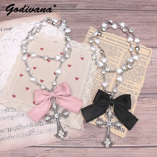 Lolita Style Accessories Beads Fashion Jewelry Handmade Necklace Rhinestone Cross Love Chain Long Necklace for Women