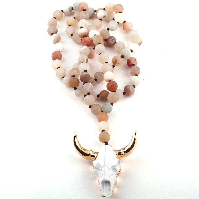 Fashion Bohemian Jewelry Natural open smile Druzy Bead Long Knotted 3 Color Horn Pendant Necklace For Women Ethnic Necklace