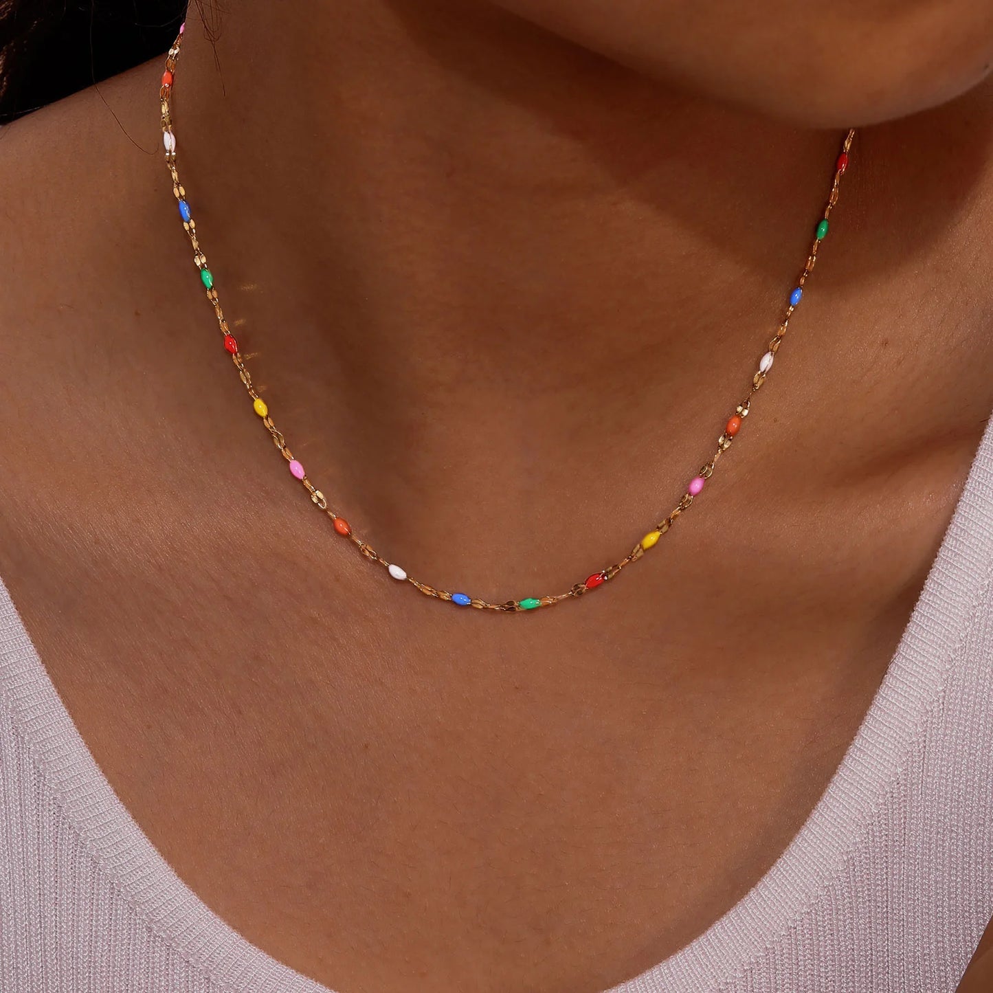 Boho Multi-color Lipchain Choker Chain Necklace Stainless Steel Summer Jewelry for Women Girls Gift