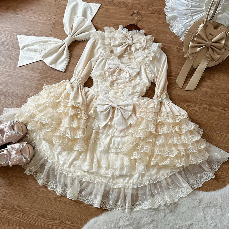 Super Fairy Lolita Dress Set New Spring and Autumn Sweet Girl Women's Flower Lace Bow Shirt Princess Jsk Suspender Dress