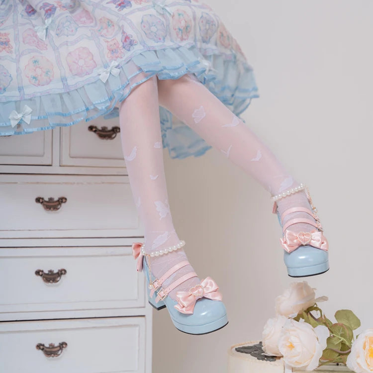 Lolita Shoes New Japanese Cute Round Head Pearl Bow Clips Leather Shoes Pumps Women Mary Jane Shoes High Heels Girls