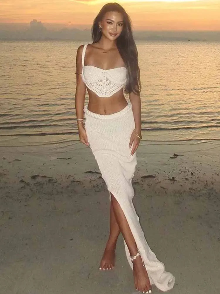 BKQU Crochet Knit Skirts Set Women Sexy Hollow Out Lace Up Crop Tops Hip Package Split Long Skirt Elegant 2 Pieces Beach Outfits