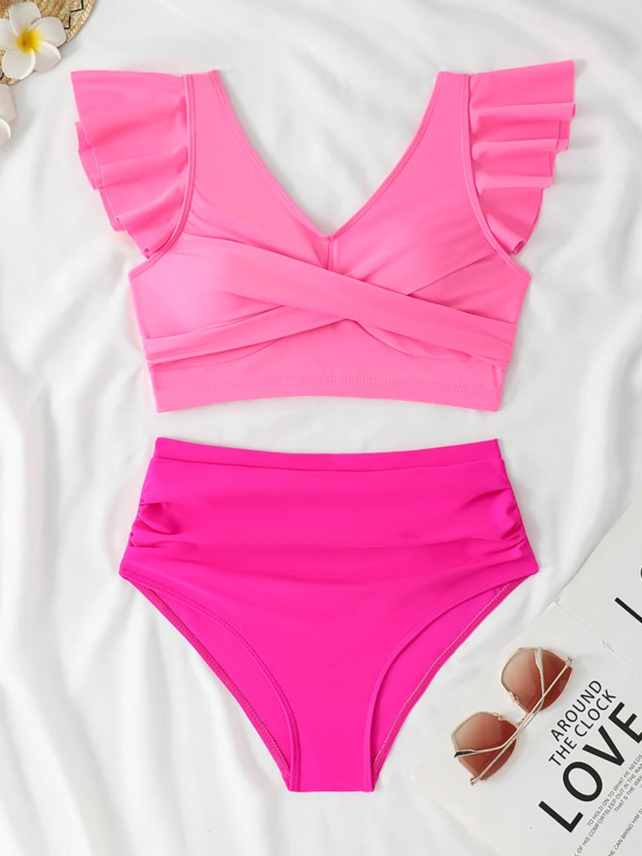 2025 Ruffle Bikinis Women Sexy Swimwear Female High Wasit Swimsuit Bathers Bathing Swimming Swim Suit Beachwear Summer