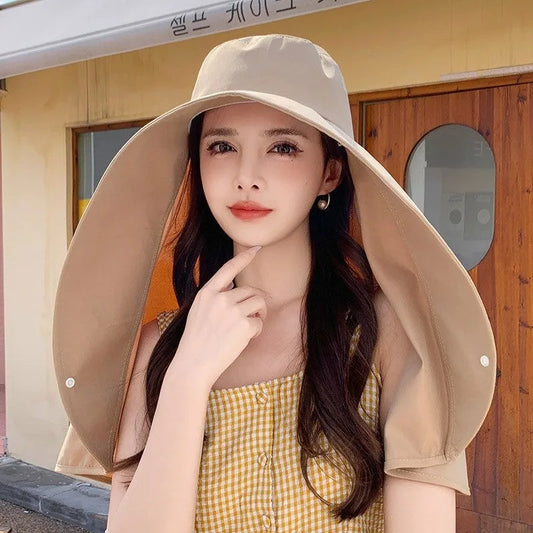 Summer Large Shawl Sun Protection Hat For Women Beach Travel Anti-UV Sunshade Fisherman Hat Wide Brim Sunscreen Ponytail Cap