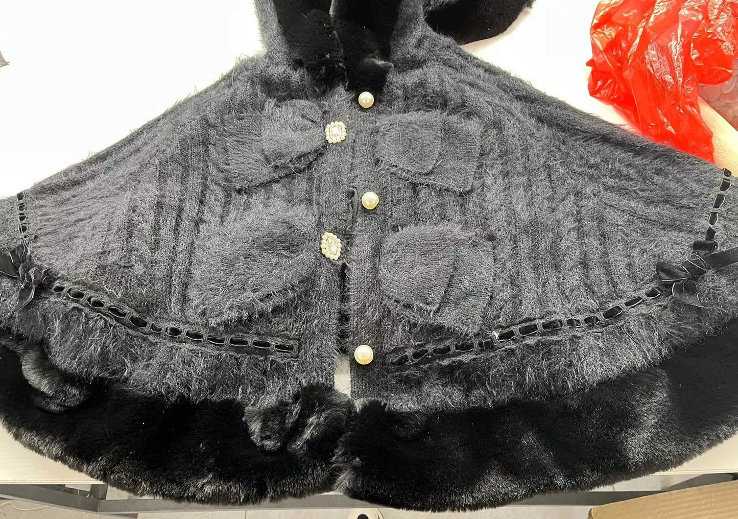 Japanese Sweet Soft Thick Women's Double-Layer Big Ribbon Hooded Knitted Cloak 3 Colors Autumn and Winter Ponchos Warm Jacket