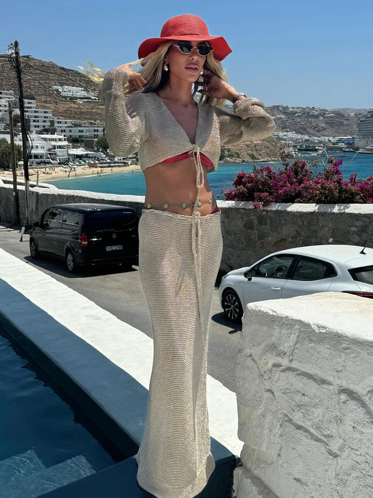 Solid Colour Sexy Beachwear Swimsuit Cover Up Knit Two-piece 2025 Summer Women's Big Bell Sleeve Lace-up Top Long Skirt Set K128