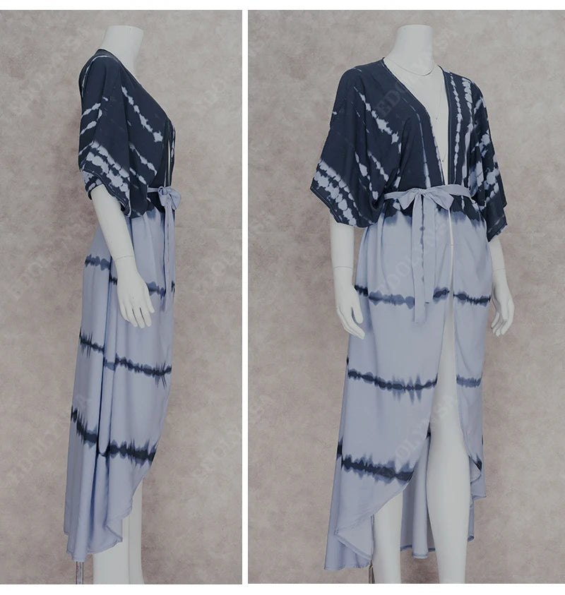2023 Bikini Cover-ups Black Retro Striped Self Belted Women Summer Clothing Kimono Dress Beach Wear Swim Suit Cover Up Q1225