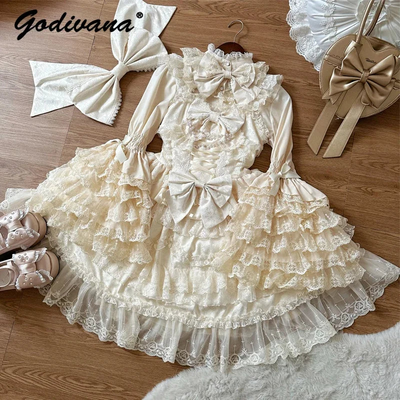 Super Fairy Lolita Dress Set New Spring and Autumn Sweet Girl Women's Flower Lace Bow Shirt Princess Jsk Suspender Dress