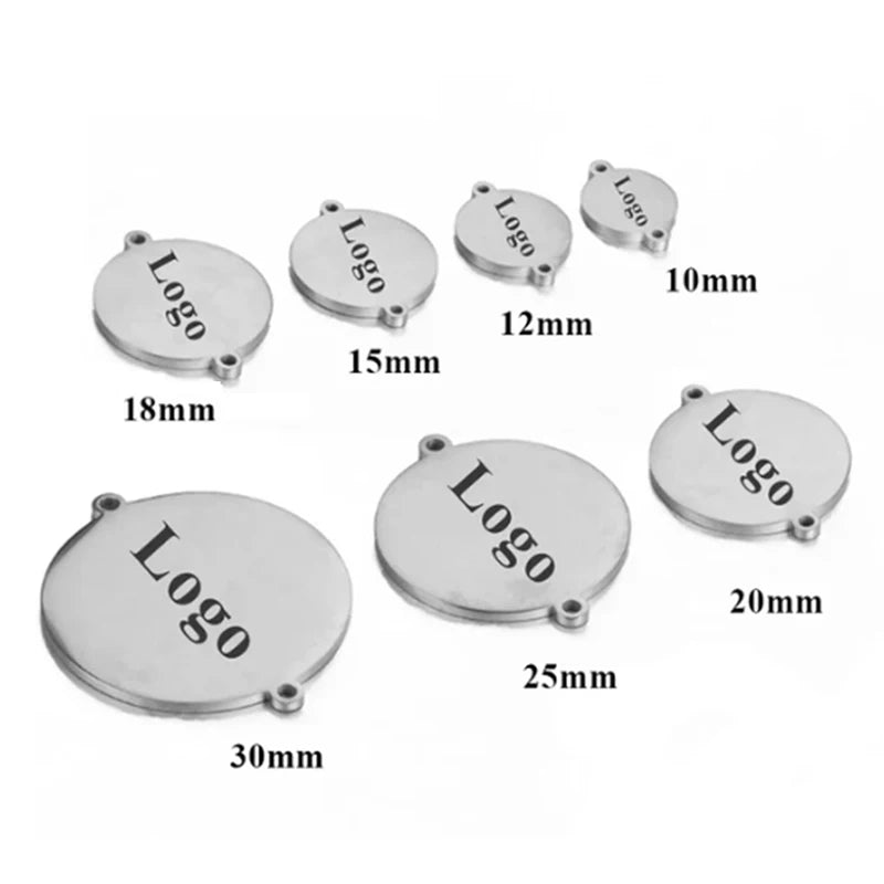 10mm-30mm 10pcs/lot Stainless Steel Round Logo Name Charms Disc Pendant Connectors Two Hole Personalized for Jewelry Making DIY