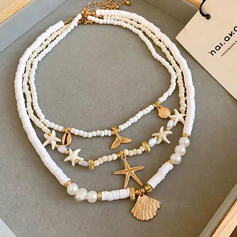 Boho Shell Turquoise Multi-layer Starfish Beaded Necklace for Women Beach Holiday Jewelry Minimalist Accessories