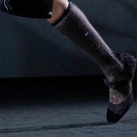 Rhinestone Mesh Upper Bow Mary Janes Shoes Block High Heels Splicing Elastic Slip-on Designer Women's  Elegance Party Footweant