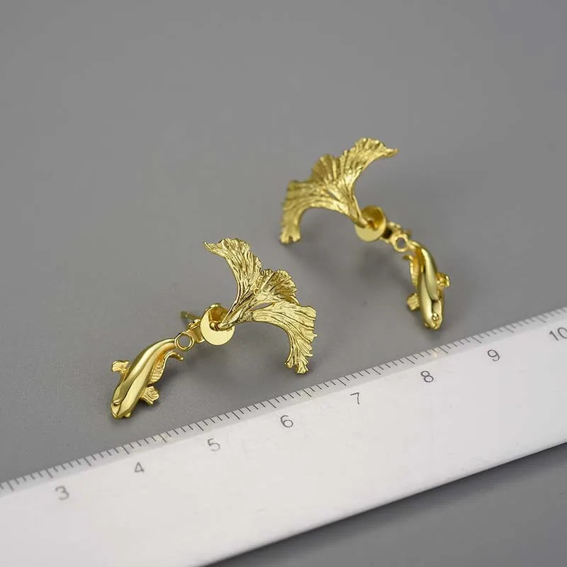 Lotus Fun 18K Gold Unusual Divided Design Fighting Fish Stud Earrings for Women Real 925 Sterling Silver Original Fine Jewelry