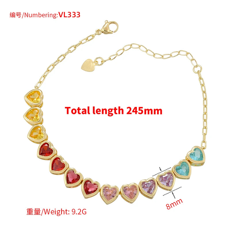 ZHUKOU Heart Rainbow bracelet for women 6 colors CZ stones necklace for women Summer adjustable jewelry sets wholesale VL333