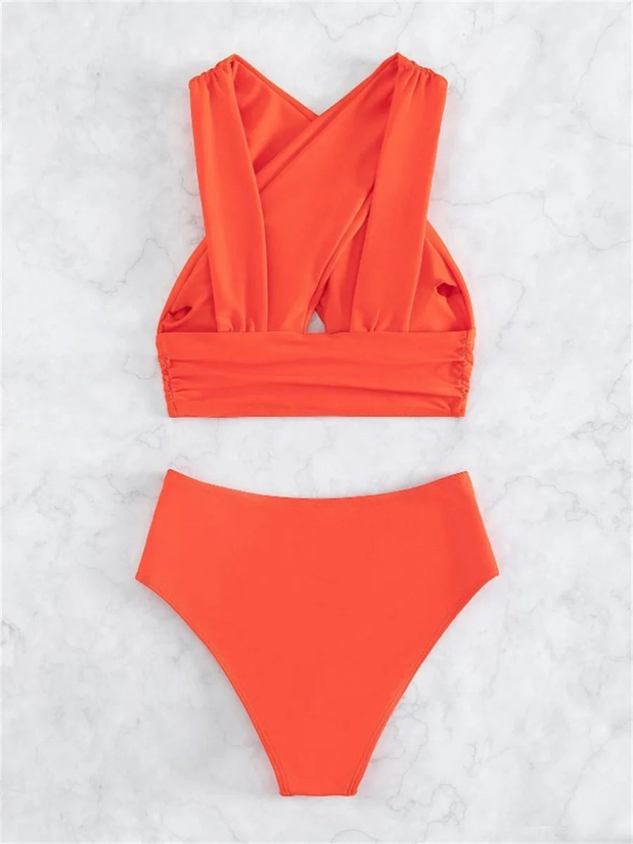 Sexy Black Blue Bikinis Sets Women Halter Cross Hollow Out Push Up High Waist Swimsuit 2025 Bathing Suit Two Piece Swimwear