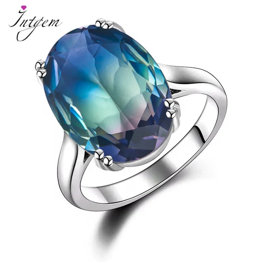 S925 Silver Fashion Large Oval AAAAA Zircon Rainbow Gemstone 13*18mm Multicolor Tourmaline For Woman Wedding Ring Bridal Jewelry