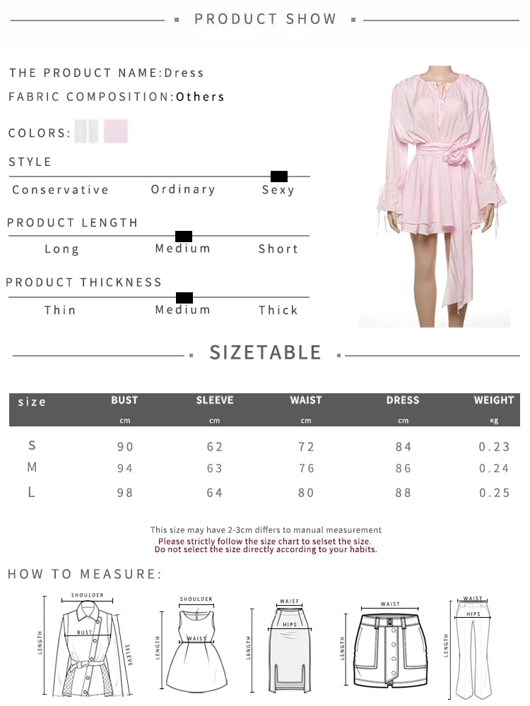Weird Puss 3D Flower Decoration Dress Women Y2K Sweet Style Flare Sleeve Ruched Ribbon Vacation Fashion Elegant Mini Bodycon