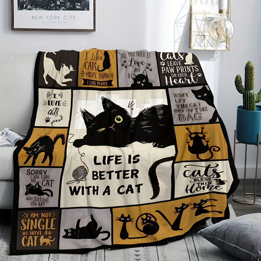 1pc Blanket Lovely Black Cat 3D Print Smooth Flannel Blanket for Home Living Room Bedroom Decor New Year Christmas Gift