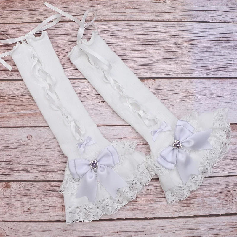 Handmade Sweet Women's Lolita Mine Lace Bow Rhinestone Oversleeves Girls Japanese Style Lace Sleeves Mittens