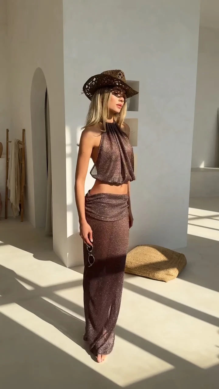 Sexy Knit Sets Backless Wrap Lace-up Top Chic Beach Half Skirt Two-piece Swimsuit Cover Up 2025 Summer Women's Party Outfit K167