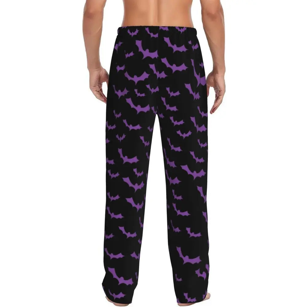 Custom Cute Spooky Halloween Bats Black And Purple Pajama Pants for Men Lounge Sleep Drawstring Sleepwear Bottoms with Pockets