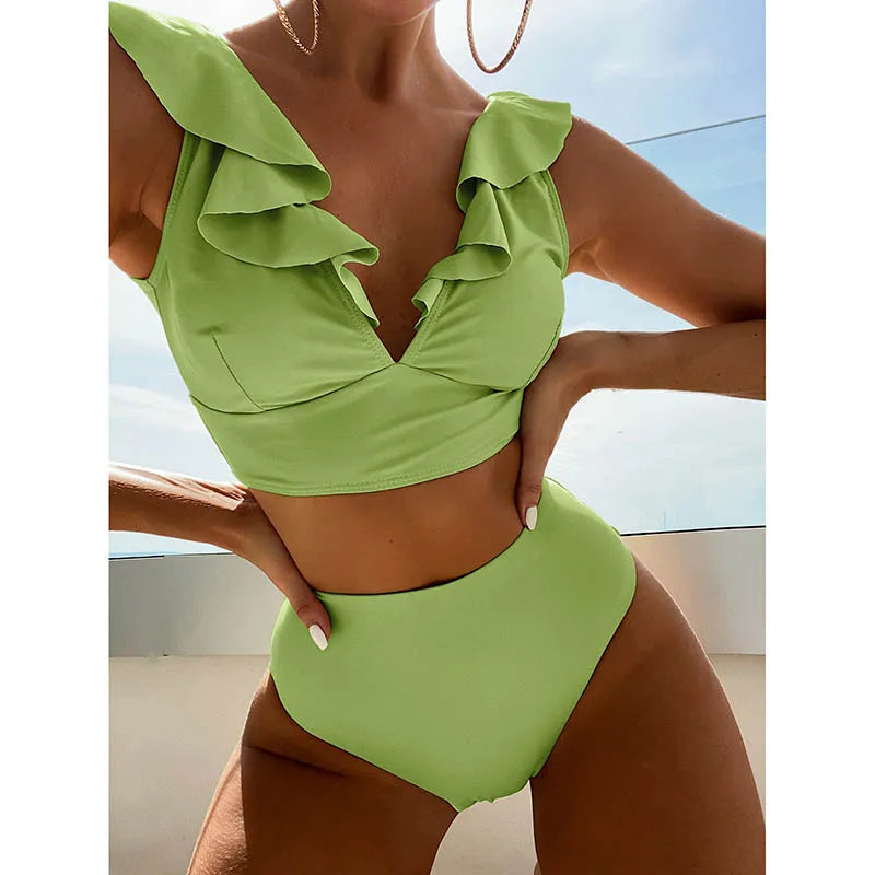 Riseado High Waist Bikinis Set Ruffle Shoulder Sexy Plunging Swimwear Women Bathing Suit Summer Beachwear