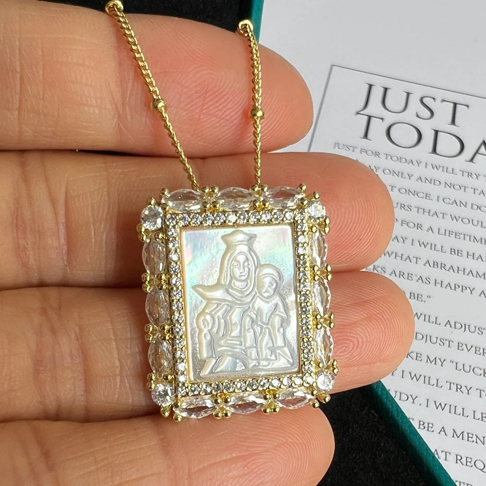 Natural Mother Pearl Shell Virgin Mary Guadalupe San Benito Charm Necklace Rectangle Religious Medals Necklace for Women & Gift