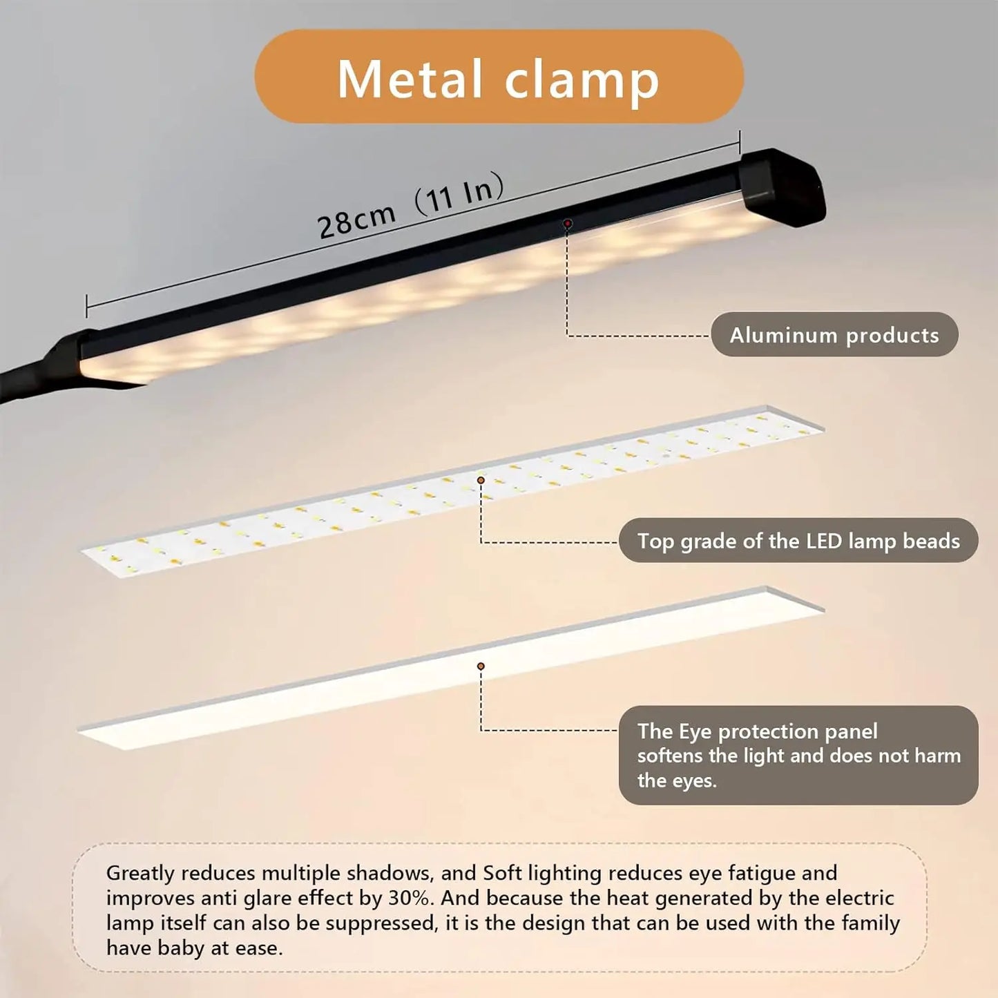 A LED Desk lamp with Clamp, Eye-Caring Clip on Lights for Home Office, 3 Modes 10 Brightness, Long Flexible Gooseneck,Metal