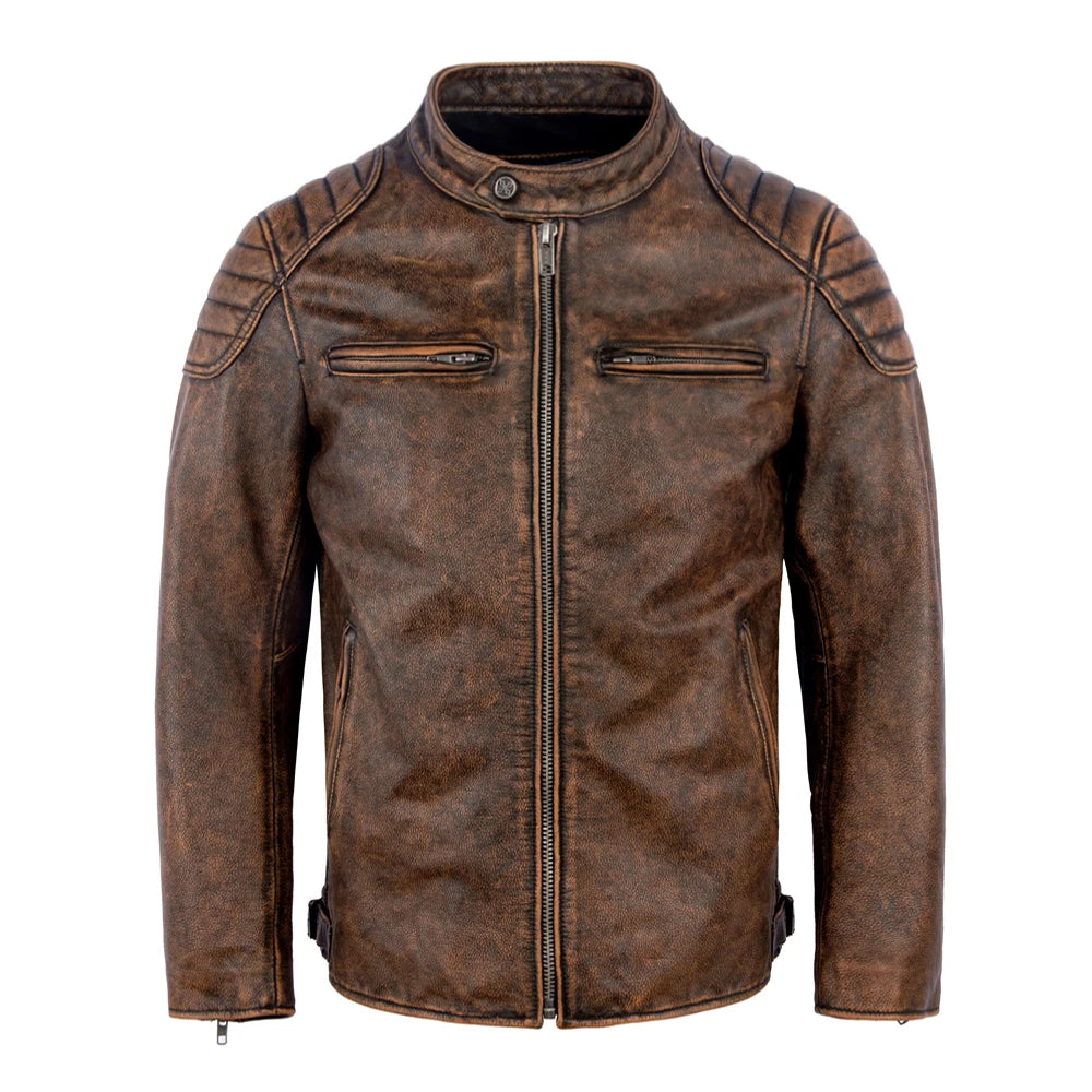 Vintage Red Brown Men Leather Jacket 100% Cowhide Jackets Slim Fit Soft Skin Coat Autumn Jaqueta Masculina De Couro